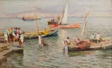 Attilio Pratella, Barche con pescatori, oil on canvas