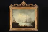 Francesco Fidanza, Marina con velieri, pescatori e fortificazione sul fondo, oil on canvas