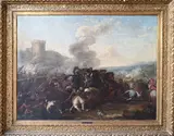 Francesco Monti, Battaglia sotto un torrione fortificato, oil on canvas