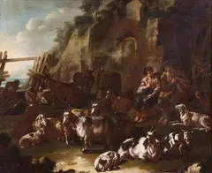 Paesaggio con figure ed armenti by Domenico Brandi, 1733, oil on canvas, offered Jun 2022