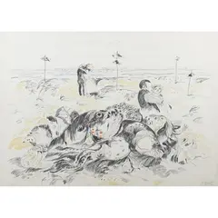 Antonio Possenti, "Marina with fish", color lithograph
