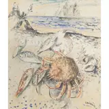 Emanuele Rambaldi, "Crab and fish on the beach", mixed media on paper