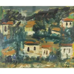 Piero Maggioni, "Landscape with houses", oil on hardboard