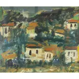 Piero Maggioni, "Landscape with houses", oil on hardboard