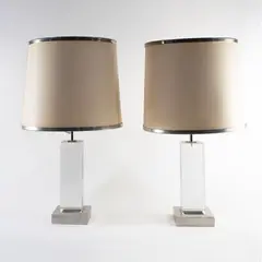 Romeo Rega, Italian production, pair of perspex table lamps and silvered metal bases