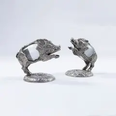 Gabriella Crespi, Italian production, pair of Piccoli Animali series sculptures in silvered bronze and blown glass egg prod. Barovier&Toso