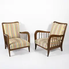 Paolo Buffa, Italian production, Pair of armchairs in wood and padded fabric