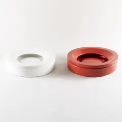 Angelo Mangiarotti, Prod. Danese, 1964, pair of large Barbados mod. ashtrays in polychrome ceramic