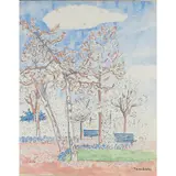 Orfeo Tamburi, "Parco parigino", Indian ink and watercolor on canvas paper