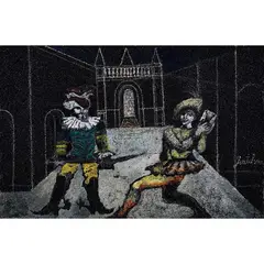 "Truffaldino and the captain" by Franco Gentilini, 1977, oil on sandblasted and canvassed cardboard, offered Mar 2026