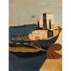 "Barca ormeggiata" by Carlo Quaglia, oil on masonite Provenance: Carlo Quaglia Family Collection, offered Mar 2026