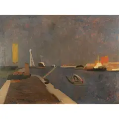"Port of Fiumicino" by Carlo Quaglia, oil on masonite, offered Mar 2026