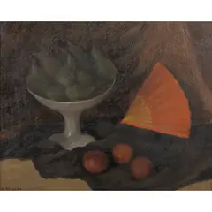 Clelia Bellocchio, "Still life with fan", oil on hardboard