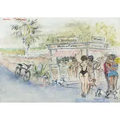 "Edicola sul lungomare" by Walter Piacesi, 2002, mixed media on cardboard, offered Mar 2026