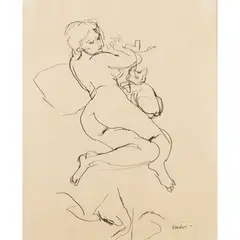 Antonio Scordia, "Nude lying with cat", Indian ink on paper