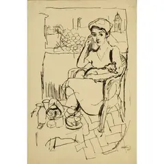 Antonio Scordia, "Seated woman", 1945, indian ink on intended paper