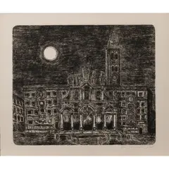 "Santa Maria Maggiore at night" by Gian Paolo Berto, 1975, etching, offered Feb 2026