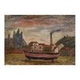 Alfredo Furiga, "Boat with factory in the background", 1930, oil on cardboard