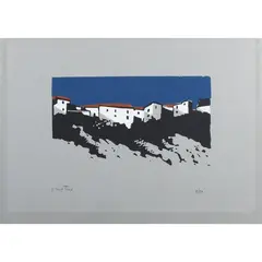 "View with houses" by Enotrio Pugliese, color screen printing, offered Jan 2026
