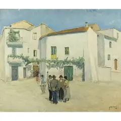 "People in town" by Giuseppe Malagodi, 1958, oil on canvas cardboard, offered Jan 2026