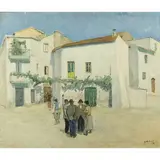 Giuseppe Malagodi, "People in town", 1958, oil on canvas cardboard