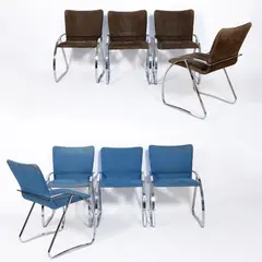 Renato Zevi, Italian production, eight chairs in steel and upholstered fabric