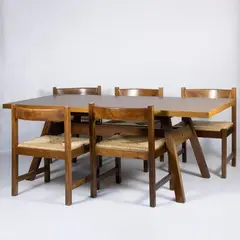 Giovanni Michelucci, Prod. Poltronova, 1965, Torbecchia series table and six chairs in wood and straw