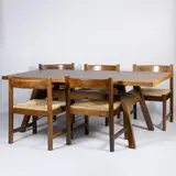 Giovanni Michelucci, Prod. Poltronova, 1965, Torbecchia series table and six chairs in wood and straw