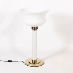Italian production by Tommaso Barbi, milky glass and brass floor lamp, offered Dec 2025