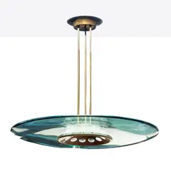 Max Ingrand, Prod. Fontana Arte, 1508 mod.suspension lamp in brass and colored glass