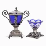 Giuseppe Succi, Two silver objects, a) silver and blue opaline glass gravy boat