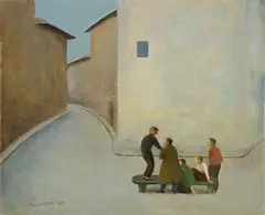 Ragazzi alla panchina by Nino Tirinnanzi, 1964, oil on faesite, offered May 2026