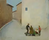 Nino Tirinnanzi, Ragazzi alla panchina, 1964, oil on faesite