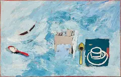 Roger Selden, Composizione, 1985, assemblaggio and mixed media on canvas