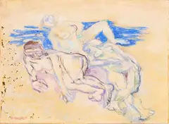 Fausto Pirandello, Nudi sulla spiaggia, pastelli on paper