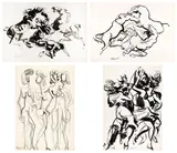 Marino Mazzacurati, Quattro opere con soggetti «Donne» e «Cavalli», ink and gouache on paper