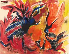 Édouard Pignon, Combat de coqs, 1973, gouache on paper