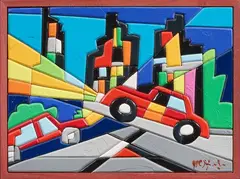 Ugo Nespolo, La città, acrylic on legno