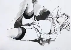 Renato Guttuso, Nudo con reggicalze, 1982, ink and biacca on paper