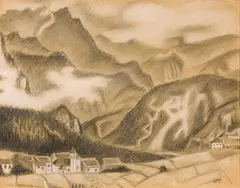 Ubaldo Oppi, Paesaggio montano, charcoal and biacca on paper