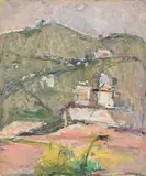 Arturo Tosi, Paesaggio (Montagne nel bergamasco), oil on compensato