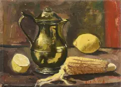 Natura morta (Bricco dorato con pannocchia e limoni) by Alberto Caligiani, oil on canvas, offered Apr 2026