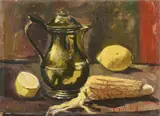 Alberto Caligiani, Natura morta (Bricco dorato con pannocchia e limoni), oil on canvas