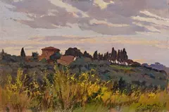 Campagna livornese, tramonto by Angiolo Volpe, 1984, oil on canvas tesa on compensato, offered Apr 2026