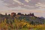 Angiolo Volpe, Campagna livornese, tramonto, 1984, oil on canvas tesa on compensato