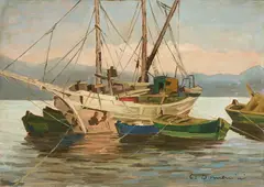Barche by Carlo Domenici, oil on faesite, offered Apr 2026