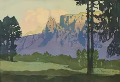 Max Sparer, Schlern, 1940, woodcut a colori on paper cotone