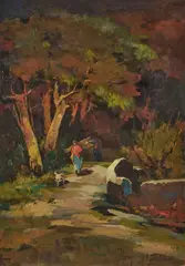 Ritorno dal bosco by Renato Natali, oil on faesite, offered Apr 2026