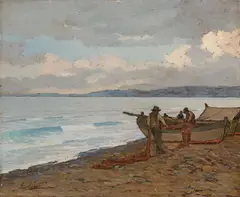 Giovanni Lomi, Pescatori, oil on compensato