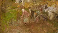 Cesare Ciani, Contadine nei campi, oil on cardboard